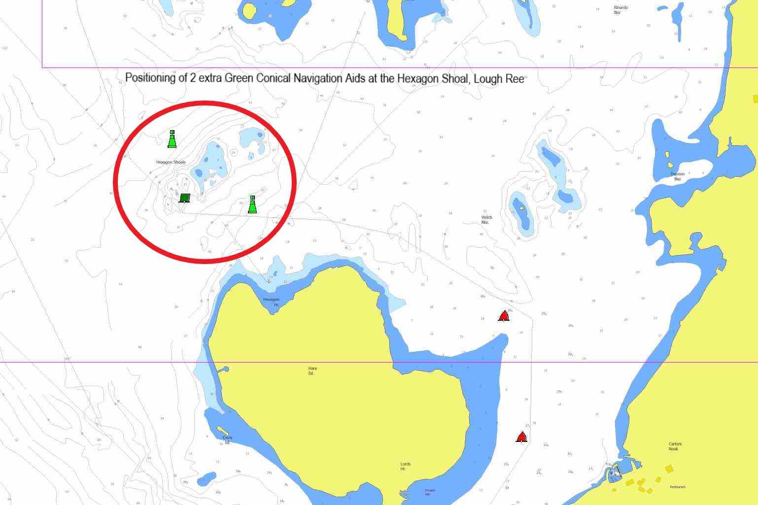 Lough Ree Chart by Captain's Handbook ©; click to enlage "Positioning of 2 extra Green Conical Navigation Aids at the Hexagon Shoal, Lough ReeL"