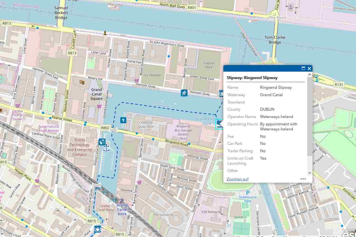 ArcGis-Map Dublin Docks Grand Canal click to "Navigation Guide Waterwaysireland"