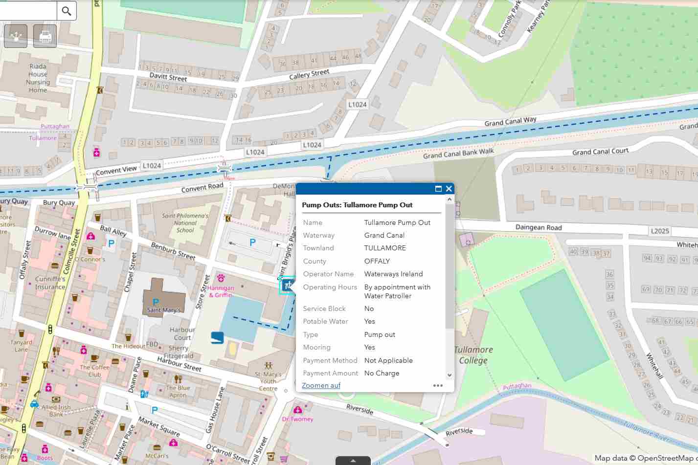 ArcGis-Map Tullamore; click to Grand Canal Navigation Guide Waterwaysireland